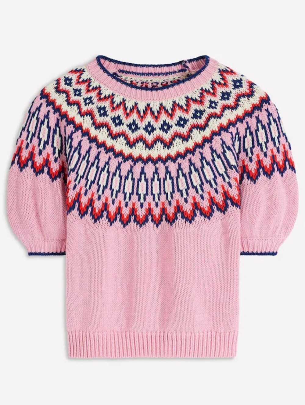 Boden Knit Margot Puff Short Sleeve Pink Fair Isle Top Sweater Size Large NWT